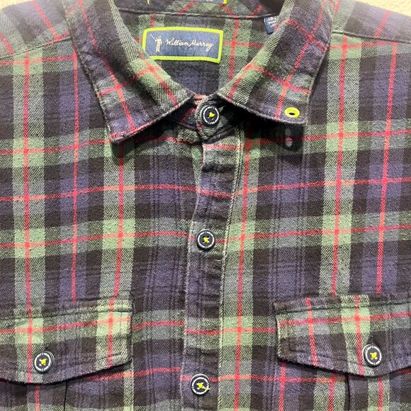 William Murray Golf Flannel Shirt Mens L Multicolor Plaid Cotton Stretch Pleated - Picture 3 of 16